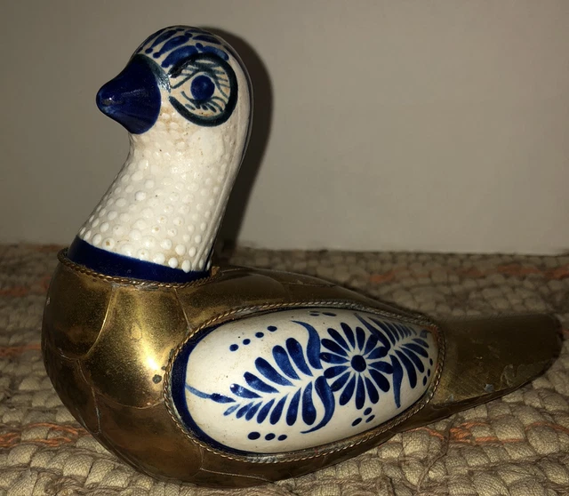 Vintage Mexico Brass Copper & Ceramic Porcelain Glazed Goose/Duck Figure 3/99
