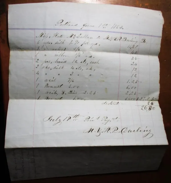 1863 Civil War Era Handwritten Rcpt Mourning Veil Robe Silk Braid Portland Maine