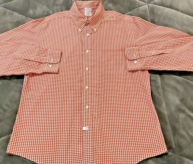 Brooks Brothers 346 Slim Fit Non-Iron Orange Check Button Down Shirt  Mens Large