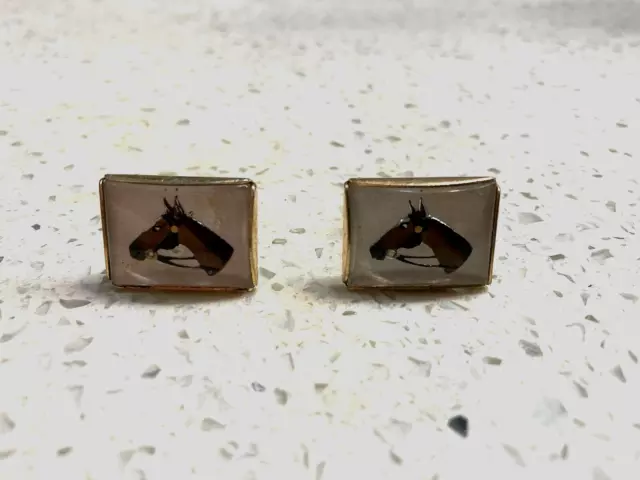 2 Vtg Cufflinks Plus 1 Tie Clip Bar Gold Tone Horse Head Anson