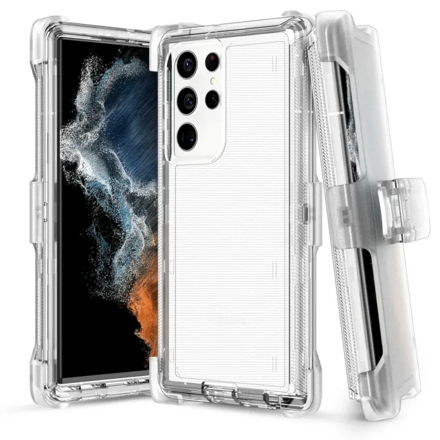 For Samsung Galaxy S24 S23 S22+ Ultra Shockproof Heavy Duty Clear Case + Clip