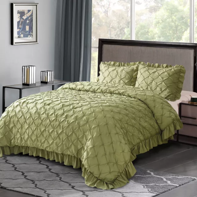 HIG 3 Piece Lace Ruffled Farmhouse-Pinch Pleat Design-Comforter Set with Shams