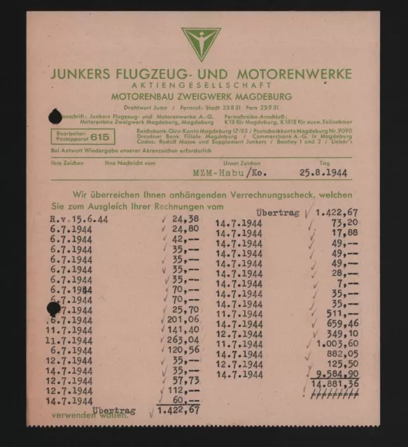 MAGDEBURG, Rechnung 1944, Junkers Flugzeug-Motoren-Werke AG Motorenbau