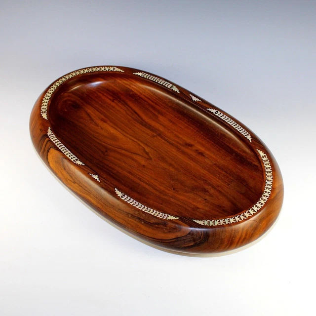 Vintage Mother of Pearl Inlaid Wood Bowl Center Piece Wood Grain