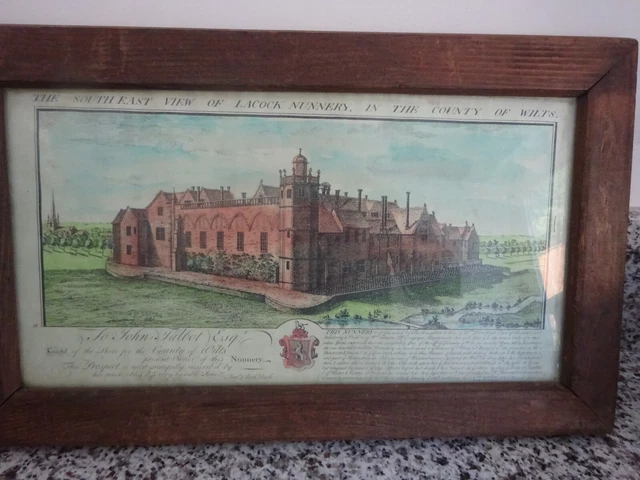 Vintage gerahmter Druck von The South East View of Lacock Nonnenkloster, Wiltshire 1732