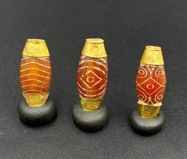 Dzi Old Beads Antique Etch Agate Carnelian Painted Jewelry Necklace Pendant Gold