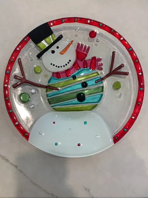 Fused Glass Silvestri Round Snowman Holiday Plate 12" Lori Siebert Original Tags