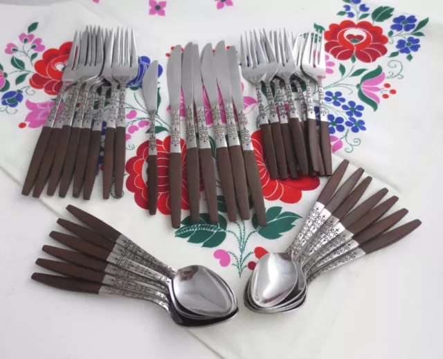 Interpur Faux Wood Handle Mid Century Danish Modern 36 piece Lot Flatware Set