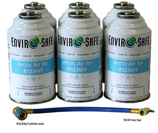 GET COLDER AIR, Arctic Air Refrigerant Support for R1234yf, 6 cans & Brass hose