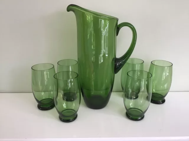 Vintage Green Glass Water / Lemonade Jug With Six Tumblers
