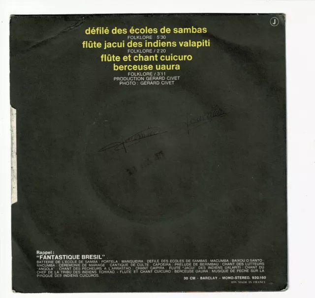 FANTASTIQUE BRESIL Vinyle 45T DEFILE ECOLES SAMBA - FLUTE JACUI INDIEN VALAPITI 3