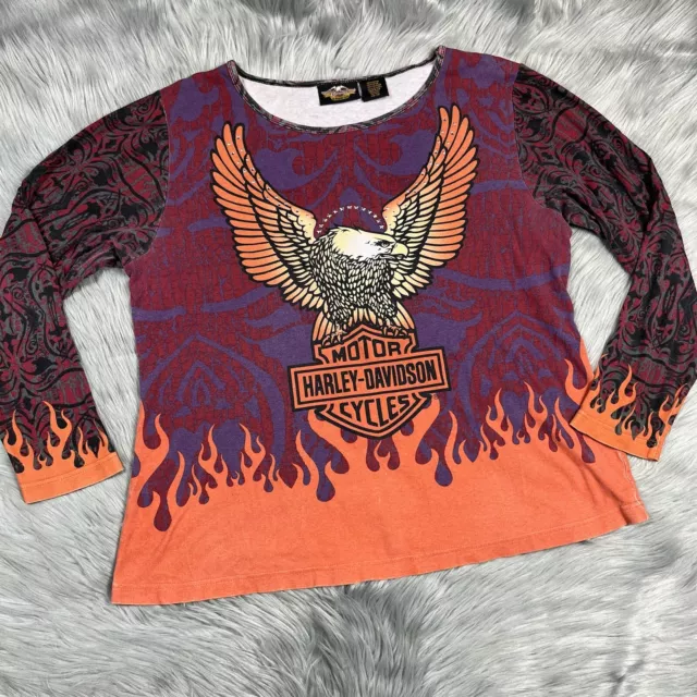 Vintage Womens Made Usa Harley Davidson Eagle Flame AOP Shirt