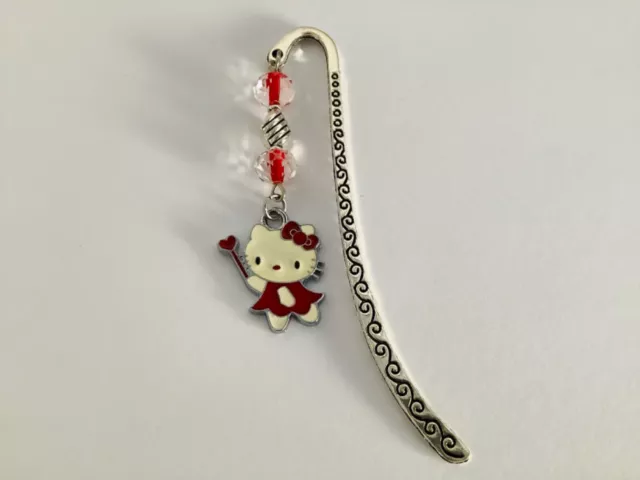 RED ENAMEL SILVER PLATED HELLO KITTY CHARM MINI ORNATE 8.5cm BEADED BOOKMARK