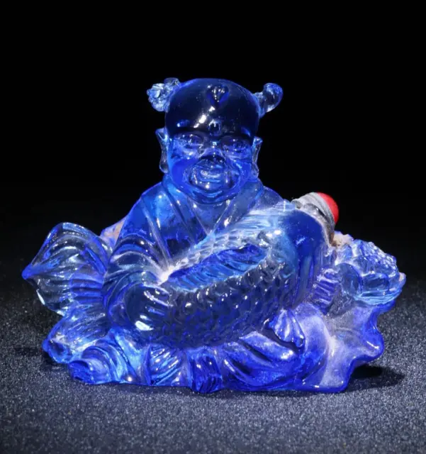 noble art blue Coloured glaze carved child hold fish lucky statue snuff bottle