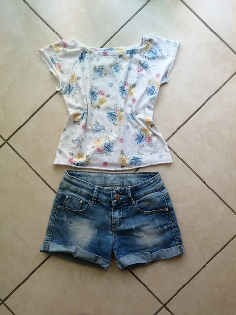 Completo 2 Pz Set Bambina 8 10 Anni Pantaloncini Jeans Top Maglietta