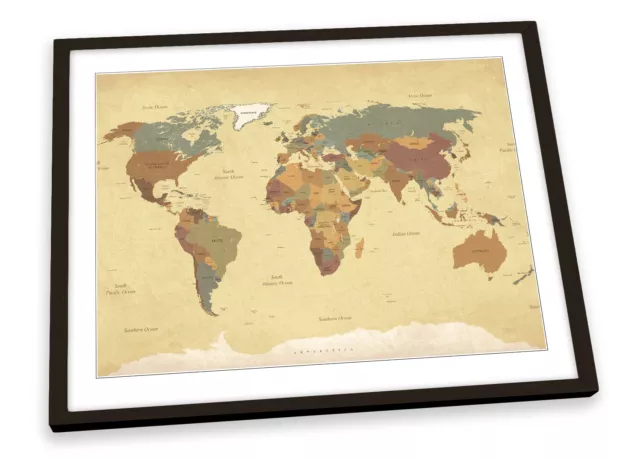 Map of the World Beige FRAMED ART PRINT Picture Poster Artwork