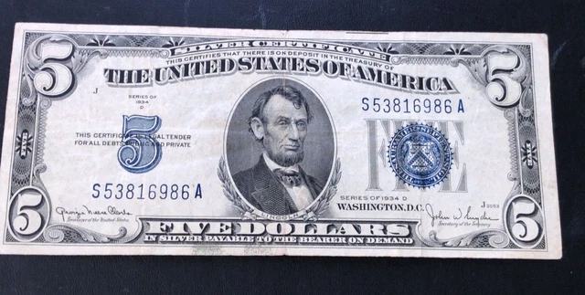 1934 D $5 Dollar Bill Silver Certificate Blue Seal Note Old