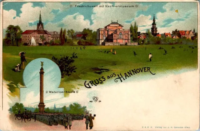 LITHO GRUß AUS HANNOVER FRIEDRICHSWALL + KESTNERMUSEUM 2 BILD COL UM 1900