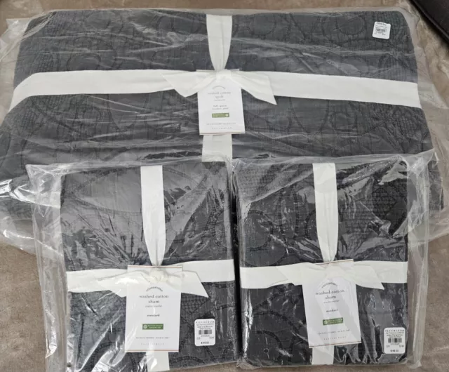 NWT Pottery Barn Quilt Set Washed Cotton Queen/Full, 2 Standard Shams Shale Gray