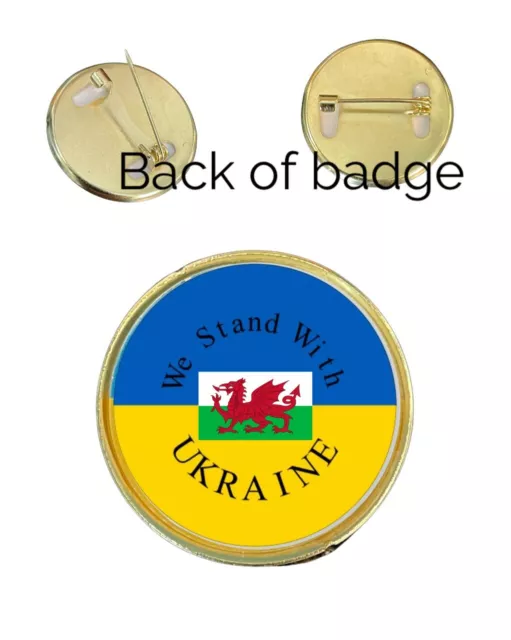 We Stand With Ukraine with Wales Dragon Flag 27mm Metal Lapel Domed Pin Badge