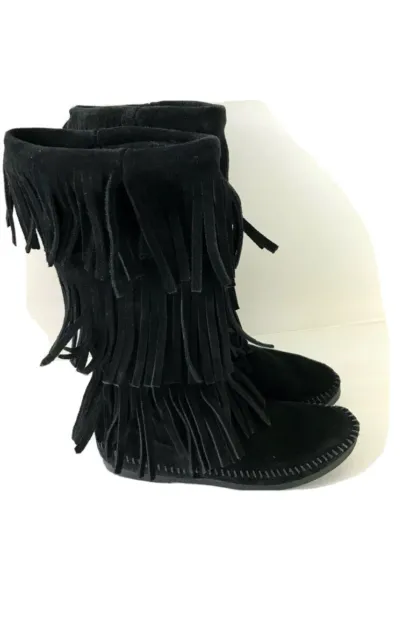 Minnetonka Women's size 6 Hi 3-Layer Fringe Boot Black Leather Boots