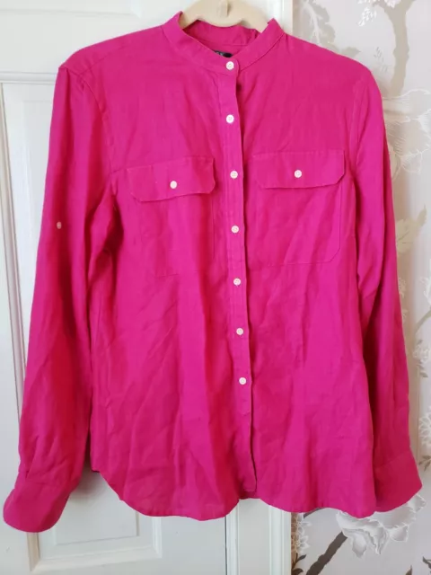 Ralph Lauren LRL Pink Linen Top Shirt M Mandarin Collar Roll Tab Sleeve Womens