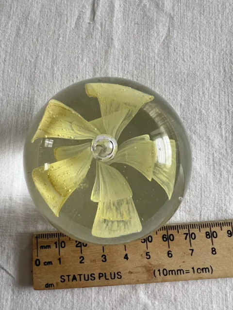 Art Glass Paperweight Yellow Flower Hand Blown Bubbles