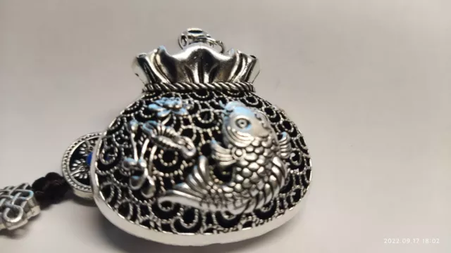 Chinese old Miao nationality silver Feng Shui hollow out New Year fish auspiciou