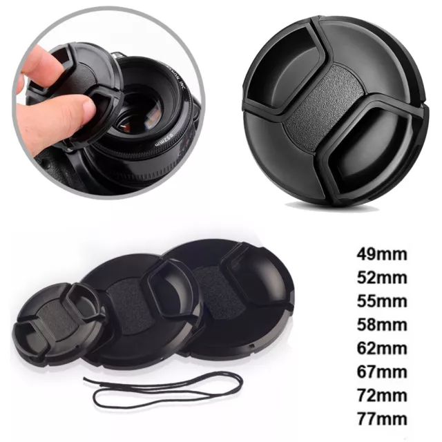 Black 49-77mm Camera Center Pinch Snap On Front Lens Cap Cover For Canon Nikon