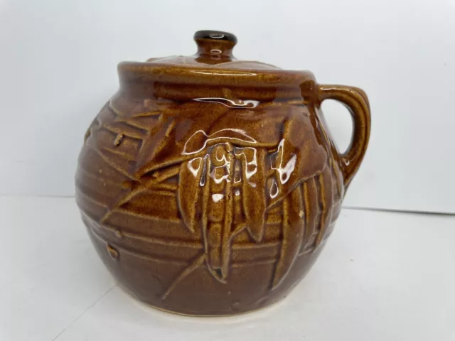 Vtg McCoy One Handle Bean Pot Cookie Jar Pea Pod Pottery Brown Glaze & Lid 5608