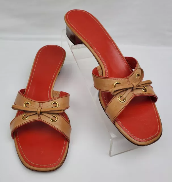 Cole Haan Red/Brown Leather Bow Tie X-Cross Straps Slip On Sandals WO's Sz 8.5B