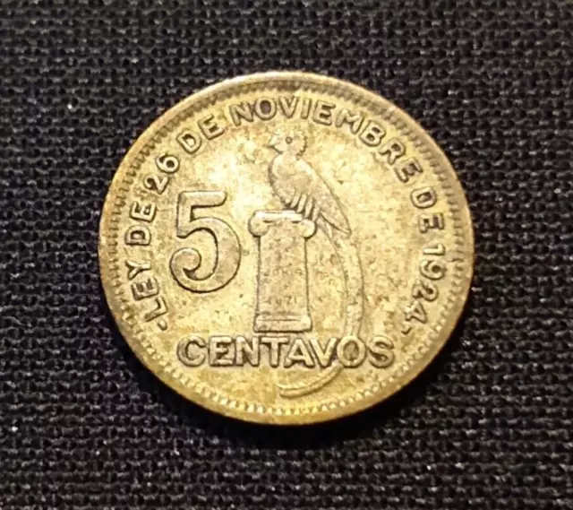 1929 guatemala 5 centavos xf au 1/20 peso quetzal pill world silver type coin