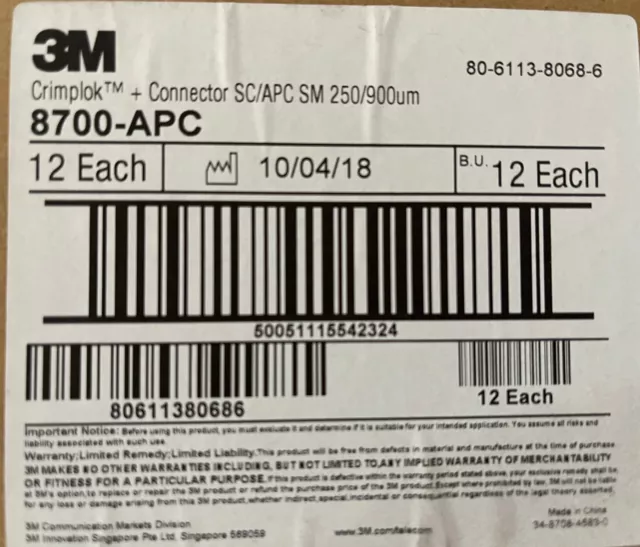 3M Crimplok  +  Connector SC/APC SM 250/900um Fiber Tips Connection 48pc fiber