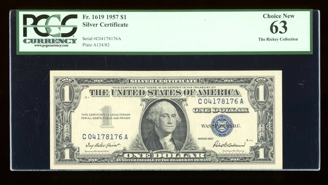 DBR 1957 Silver Fr. 1619 CA Block PCGS 63 Serial C04178176A