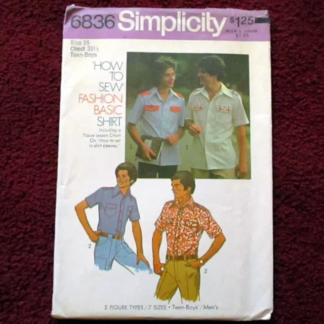 1975 Simplicity 6836 Mens Button Down Shirt Sewing Pattern BOYS 16 33.5 CH