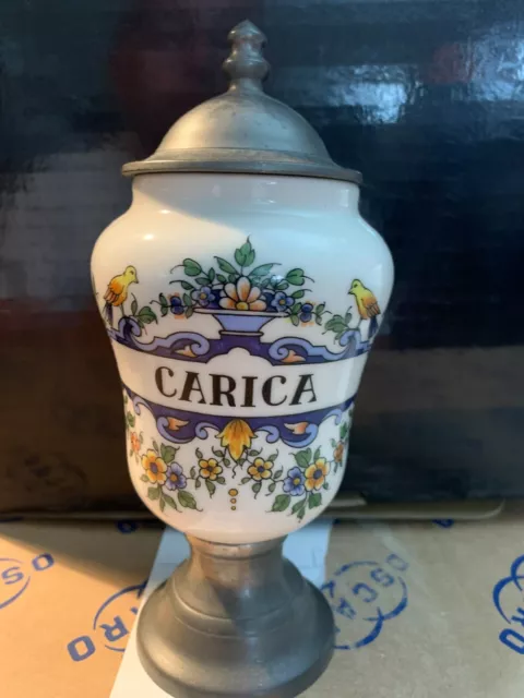 POT PHARMACIE "CARICA" en céramique Rouen, pied et couvercle en étain