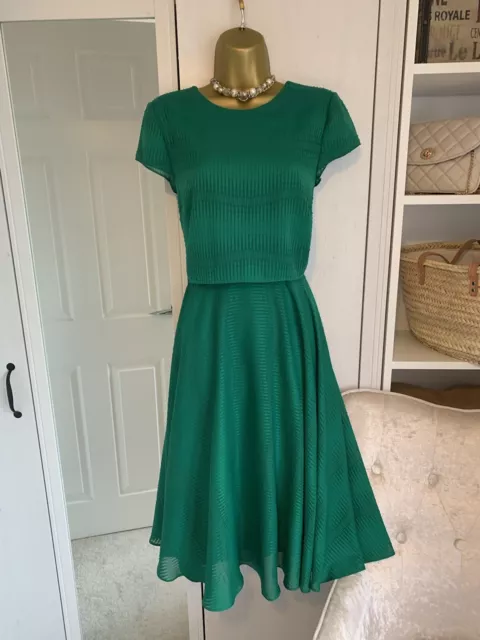 Hobbs stunning Emerald Green Dress Overlay Textured Chiffon Midi Dress UK 12