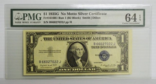 1935-G No Motto Silver Fr. 1616R1 RUN 1  BJ Block PMG 64 EPQ Choice Uncirculated