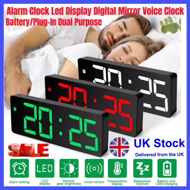 Alarm Clock Led Display Digital Mirror Voice Clock Battery/Plug-In Dual Purpose