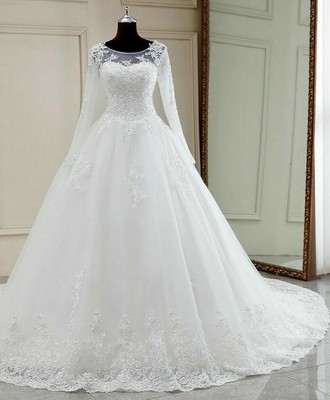Long Sleeves Wedding Dress Elegant Beading Appliques Lace Up O-Neck Women Attire