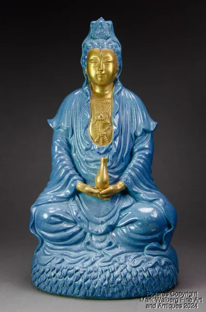Chinese Gilt & Robins Egg Blue Glaze Porcelain Guanyin, Late 19th to Republic