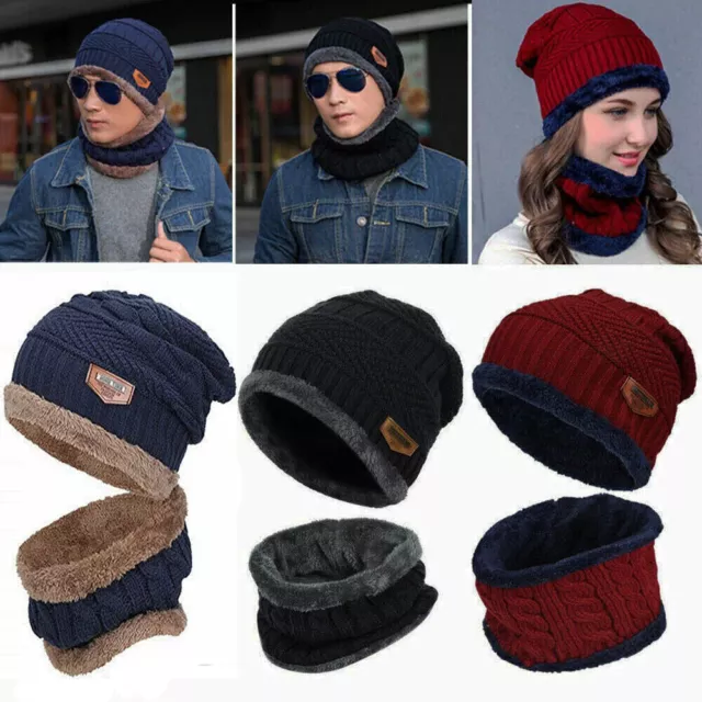 Winter Knitted Hat Men Fur Women Neck Warm Chunky Beanie Cap Fleece Ski Cap 2