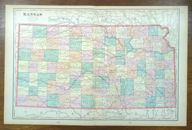 Vintage 1902 KANSAS Map 22"x14" Old Antique Original FT LEAVENWORTH KANSAS CITY