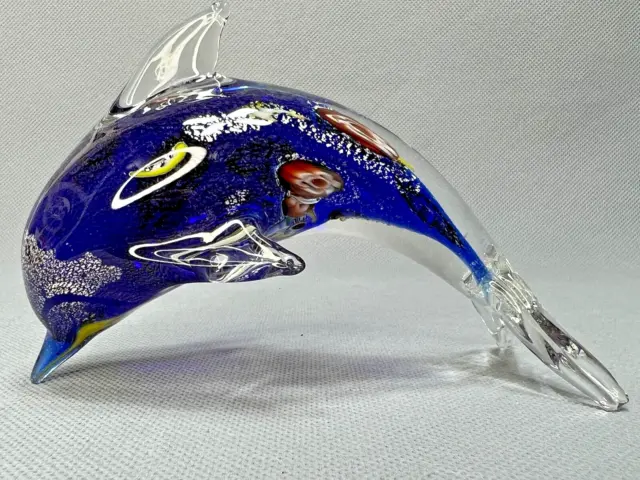 VTG Italy Murano Glass Millefiori Cobalt Blue Dolphin Fish Sculpture Figurine