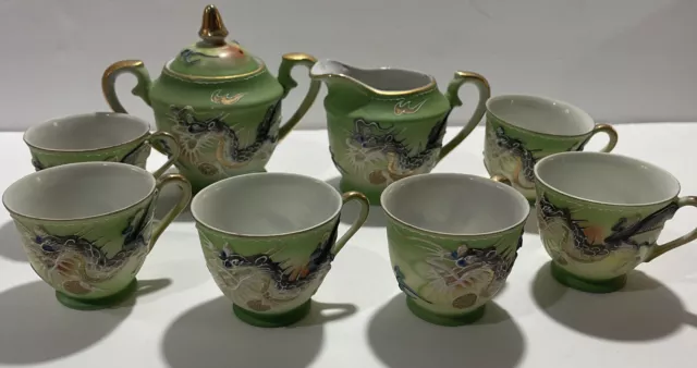 Vintage Hand Painted Dragonware Tea/Demitasse Set Green Made in Japan