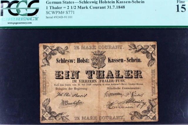 GERMAN STATES / SCHLESWIG-HOLSTEIN 1848 1 Thaler S771 PCGS FINE XX-RARE