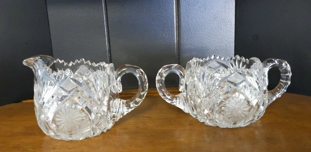 Antique CREAMER SUGAR BOWL SET J Hoare American Brilliant Cut Glass crystal