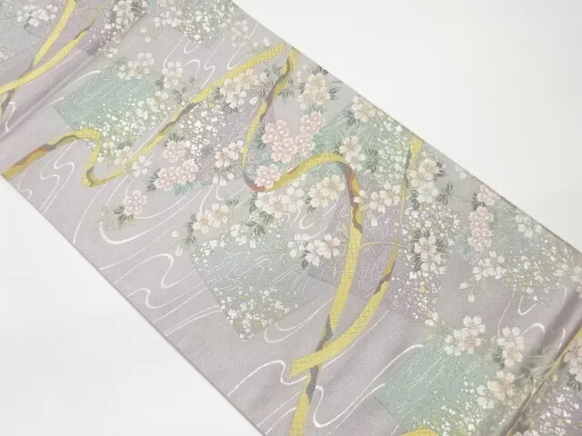 6561116: Japanese Kimono / Vintage Fukuro Obi / Woven Sakura & Stream