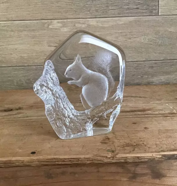 Mats Jonasson Swedish Art Glass Rock Crystal Paperweight Etched Design Squirrel