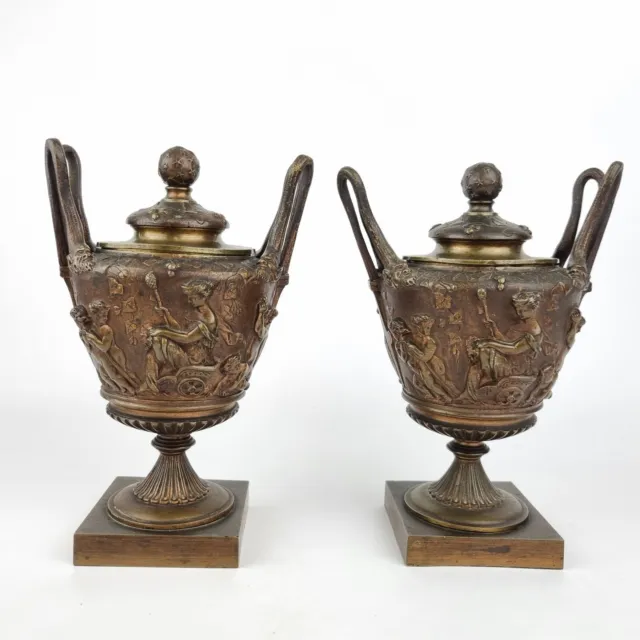 Antique Pair 19th Century Bronze Urns & Covers Decorated Persephone & Putti